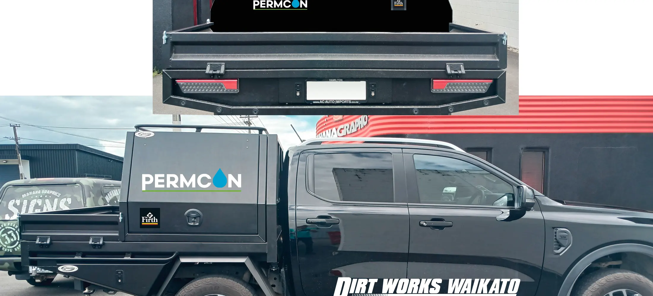 The Dirt Works Waikato ute signwritten with the company wordmark and its Permcon and Firth branding