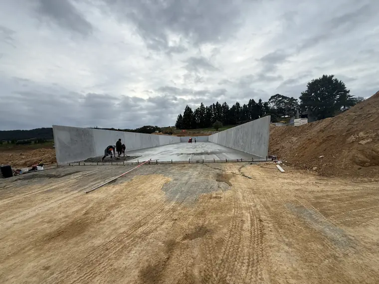 Silage bunker seen from the spoil heap, the floor poured and the walls standing