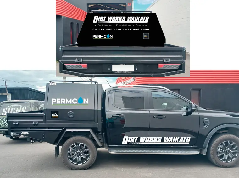 The Dirt Works Waikato ute signwritten with the company wordmark and its Permcon and Firth branding